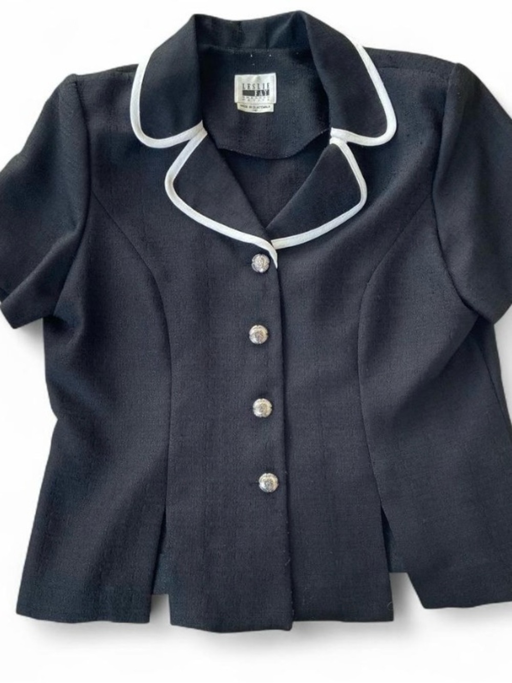 Vintage Leslie Fay Black Short Sleeve Button Front Jacket with White Trim 14P